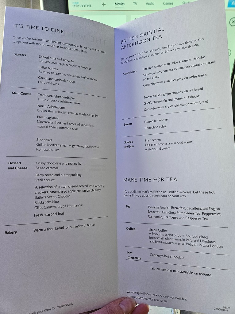 BA Business Class Menu