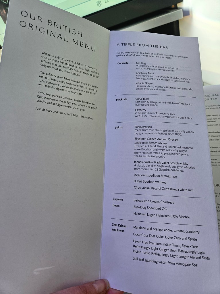 BA Business Class Menu